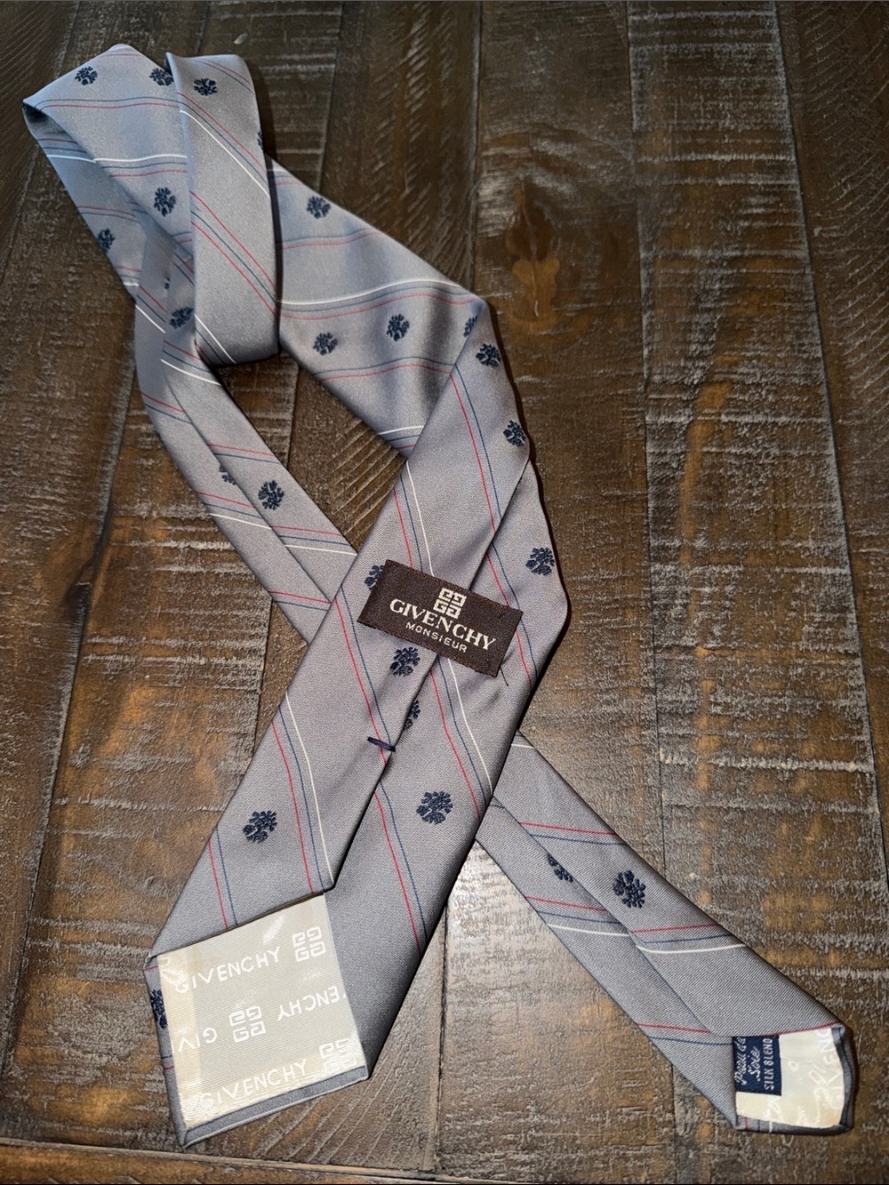 Givenchy Gray Silk Tie with Navy Medallions and Red Pinstripes
